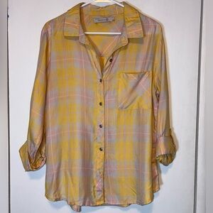 Billy T Plaid Button-Up Shirt Women’s L Soft Roll-Tab Sleeve Western Americana
